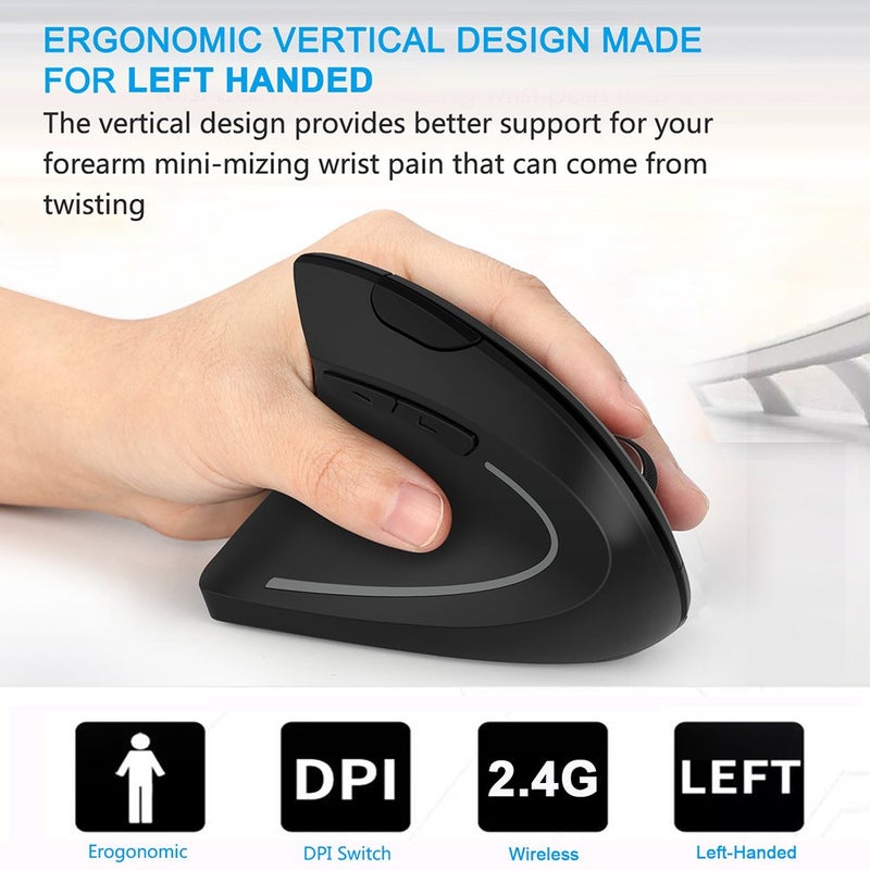 Lekvey Left Handed Mouse, Wireless 2.4 GHz USB Lefty Left Hand Ergonomic Vertical Mouse, Less Noise - Black - Image 4
